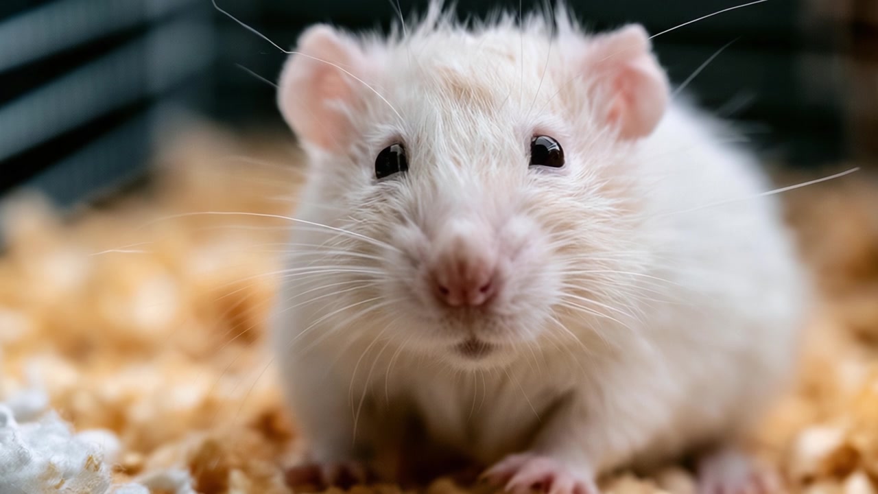 Affascinante primo piano di un adorabile ratto domestico bianco catturato in due fotogrammi, che evidenzia le sue caratteristiche notevoli e le espressioni giocose in un ambiente accogliente.