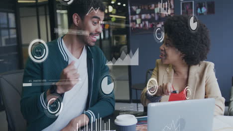 animation of icons and data processing over diverse business people in office