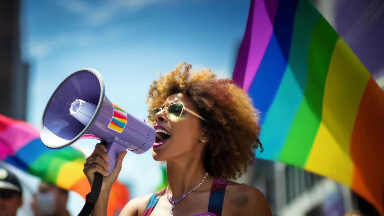 Ripresa video dinamica dal basso di una persona con un megafono, circondata da vivaci bandiere arcobaleno