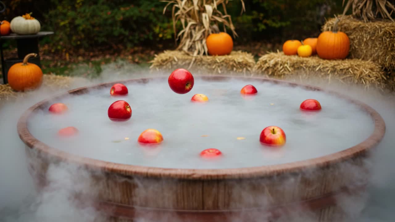 A Festive Autumn Scene with Floating Apples in a Rustic Wooden Tub Surrounded by Colorful Pumpkins and Hay Bales