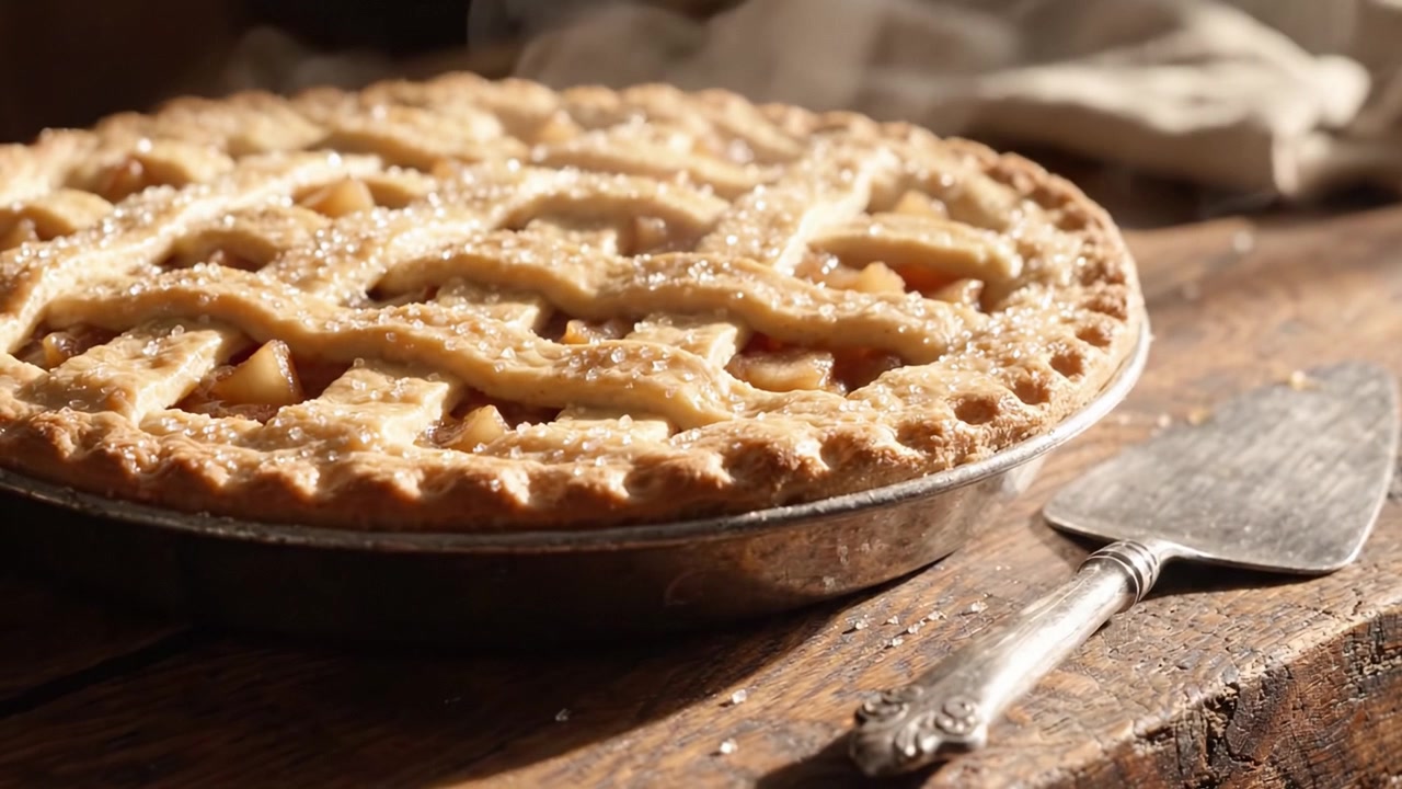 Torta di mele dorata con crosta a griglia e una spolverata di zucchero su un tavolo di legno rustico, pronta per essere servita.