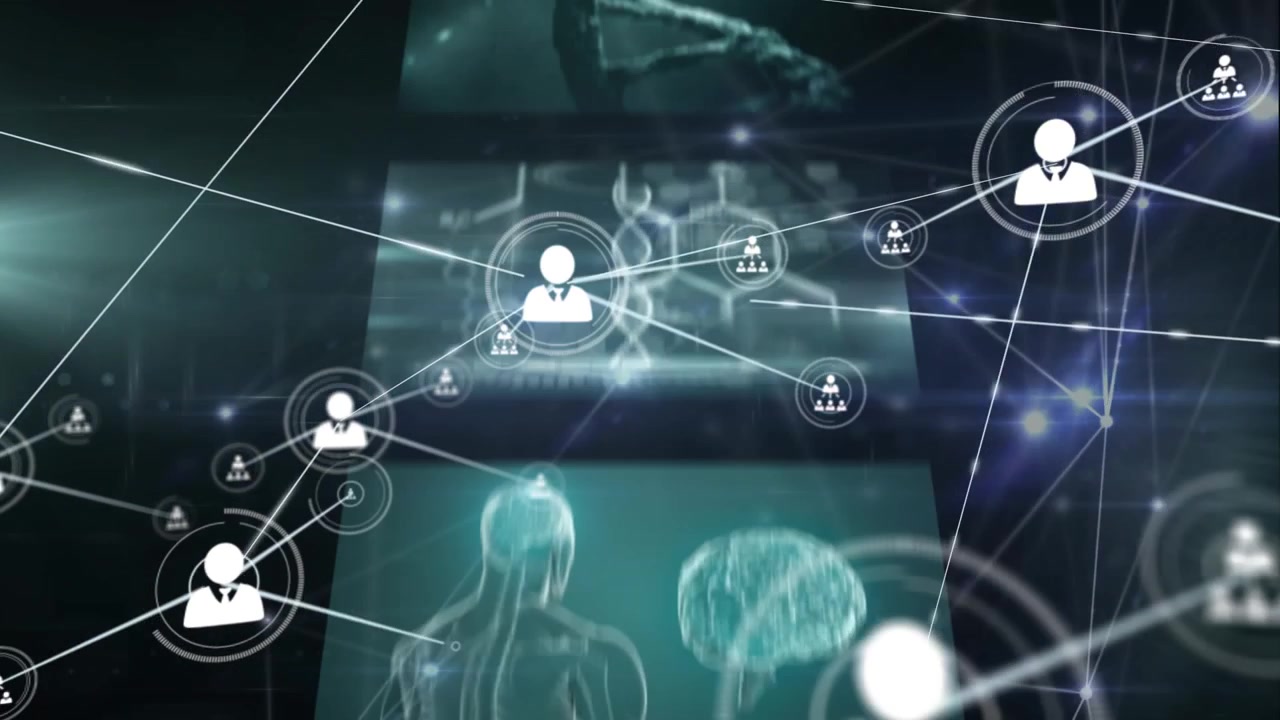 Animation of network of connections with icons over data processing on black background
