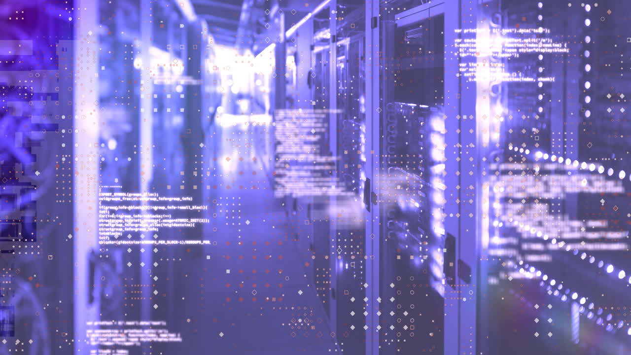 컴퓨터 서버 방에 대한 데이터 처리를 통해 빨간 입자의 애니메이션