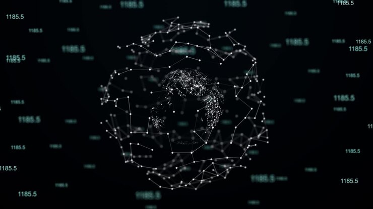 The planet Earth Hologram Rotating Node Connection Numbers 4k Loop Animation With Alpha.