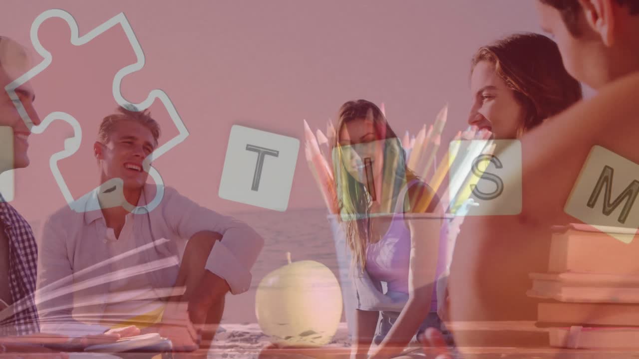 animación de coloridas piezas de rompecabezas y texto de autismo sobre amigos felices en una fiesta de playa de verano