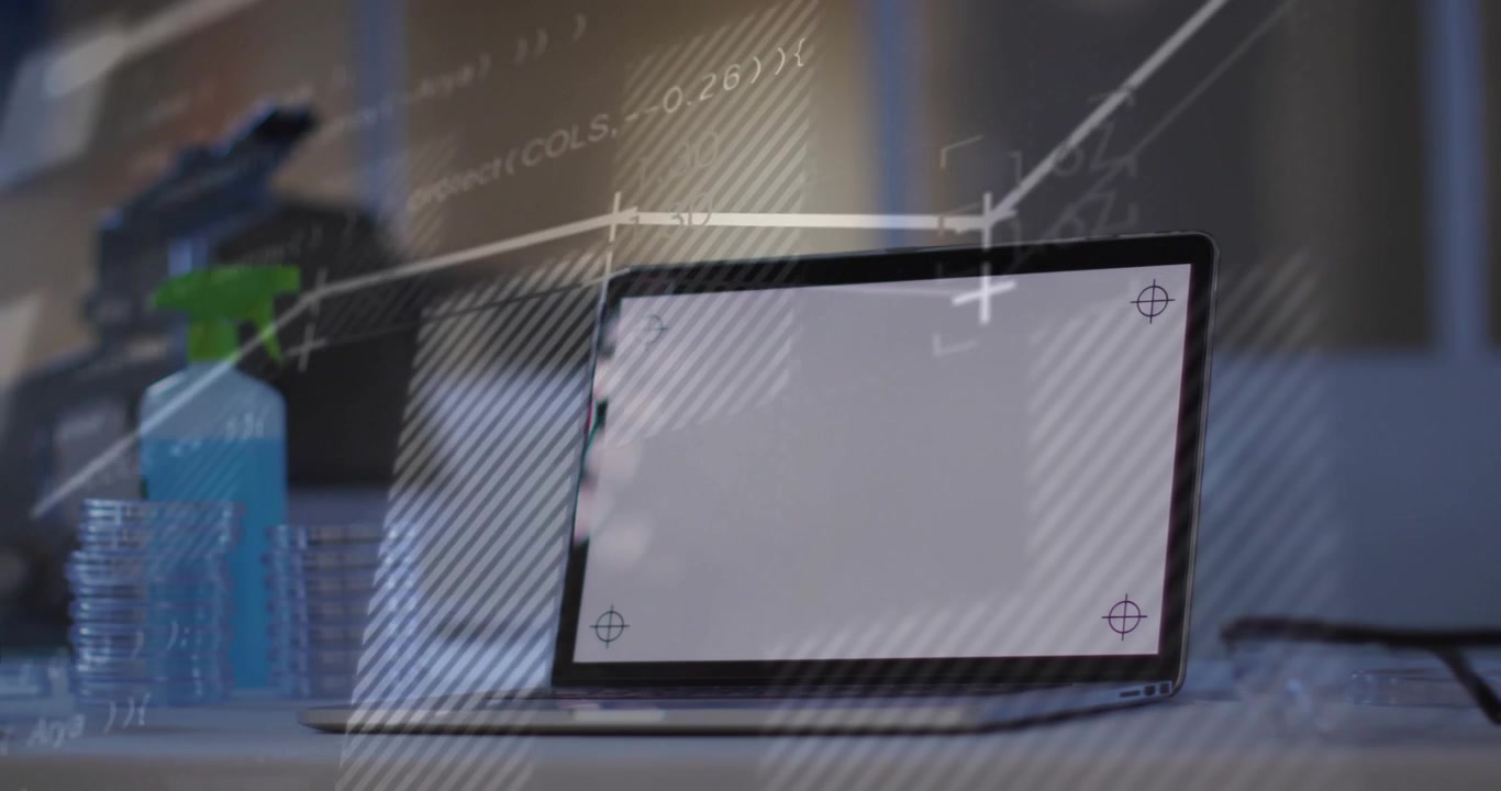 Playback starting, laptop showing corner marks, overlays sweeping across screen, showing lab charts