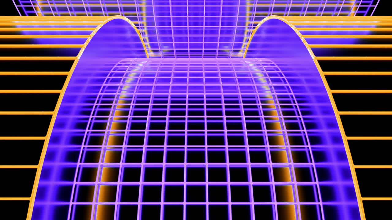 cuadrícula 3d abstracta con luces de neón púrpura y naranja