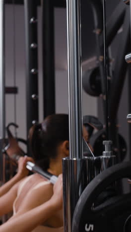 woman performing back squats in a gym