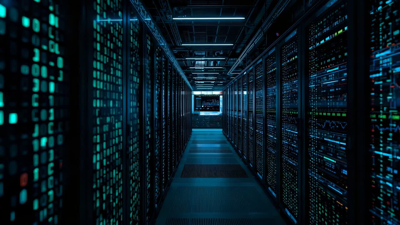 Blinking LED status lights indicating network activity down data center aisle, with server racks