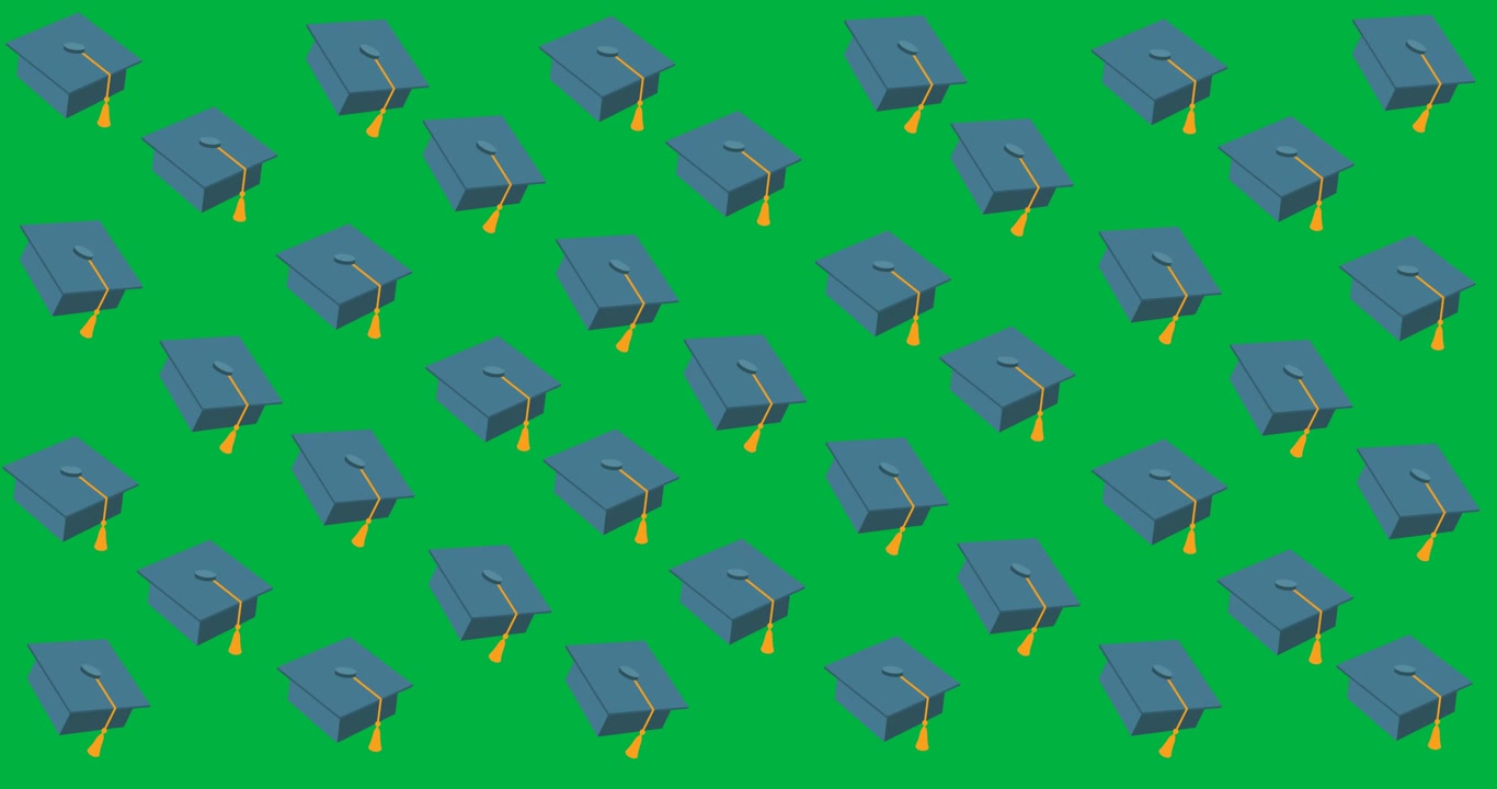 Animazione digitale di multiple icone di cappelli da laurea che fluttuano su sfondo nero