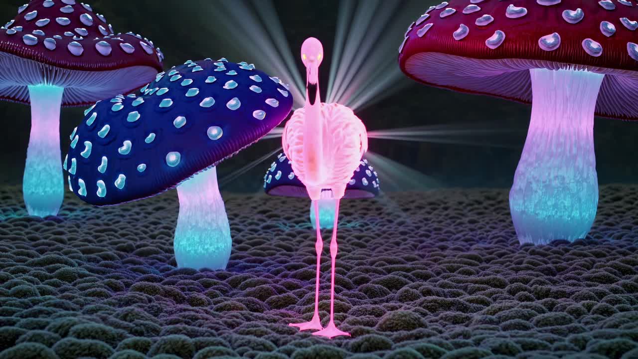 A surreal video scene with a neon flamingo amid glowing mushrooms