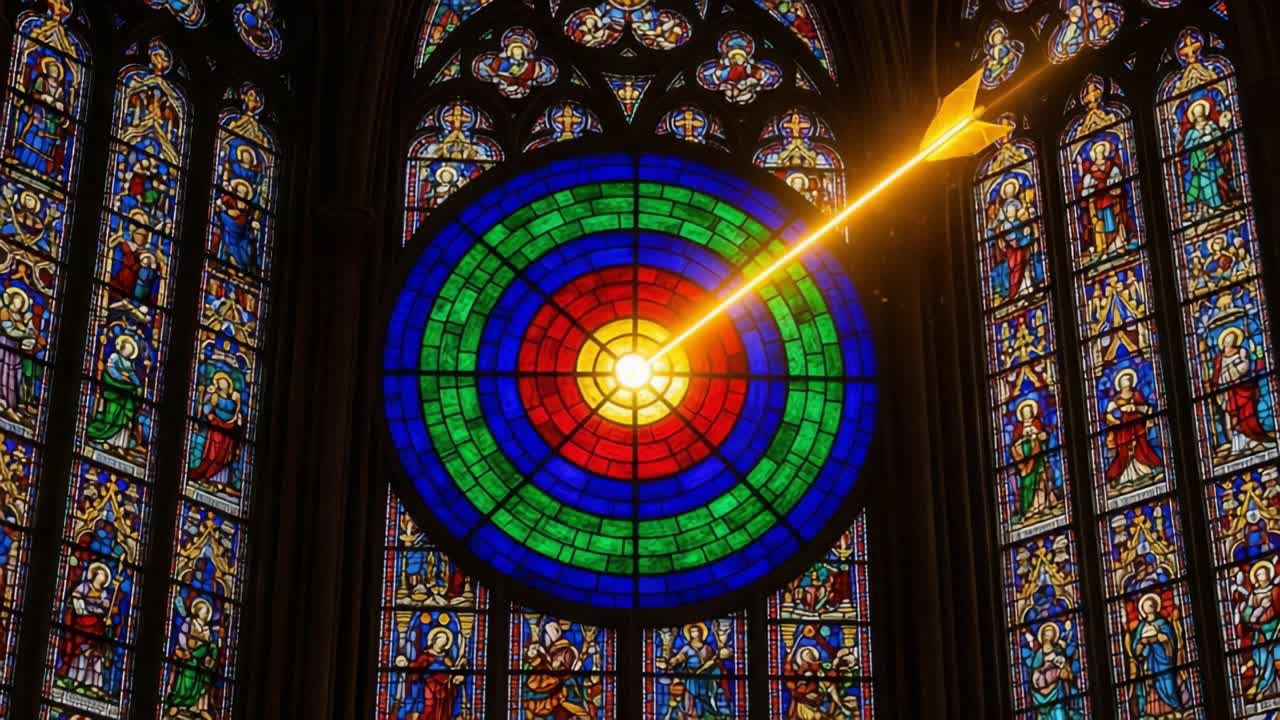 A Brilliant Arrow of Light Piercing through a Colorful Stained Glass Window, Framing Divine Figures and Evoking Spiritual Majesty in a Sacred Space