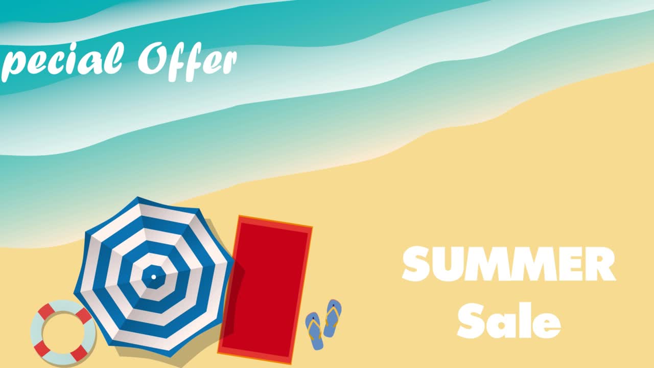 애니메이션 여름 판매 배경: 우산과 바다의 파도와 함께 해변, 평평한 디자인의 해변의 공중 전망.