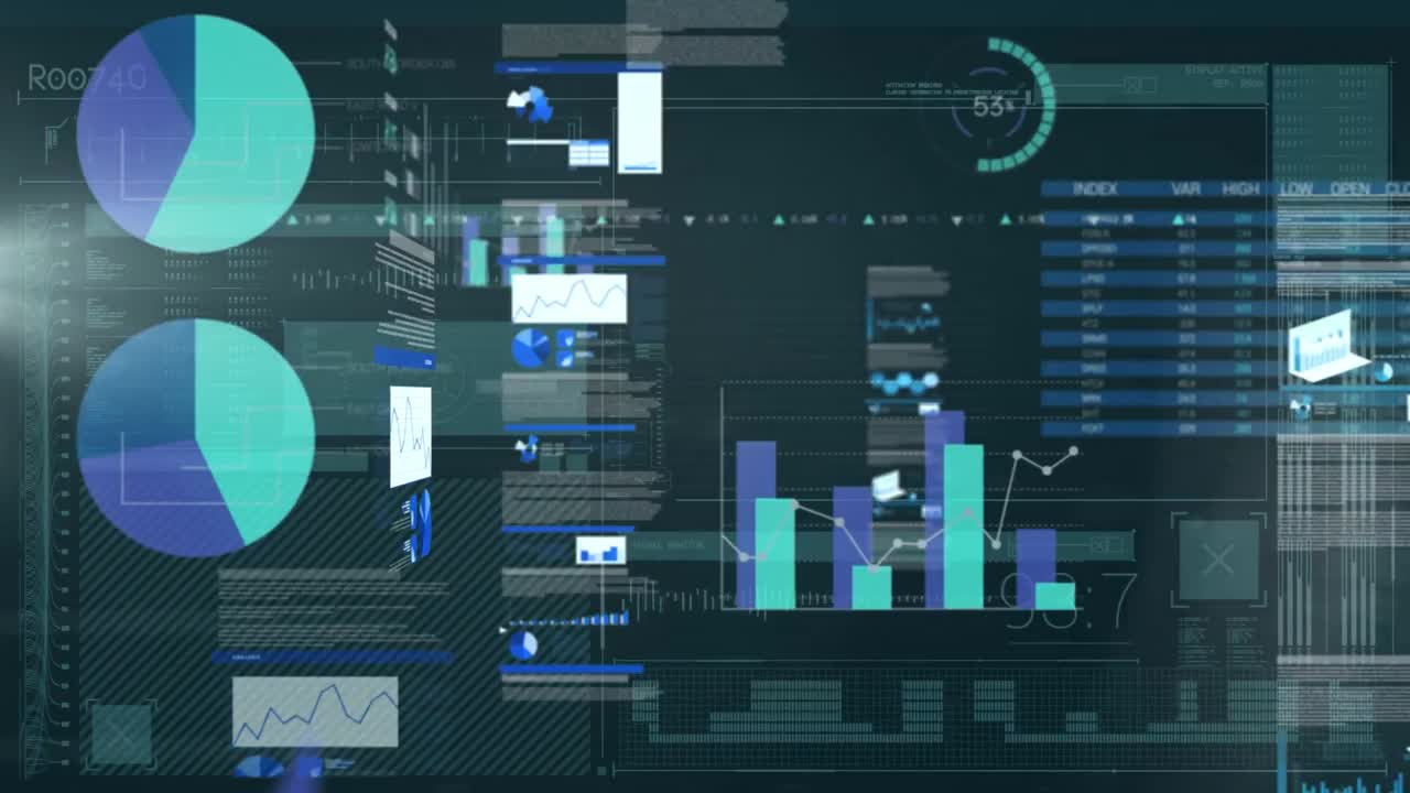Animation of data processing and statistics on blue background