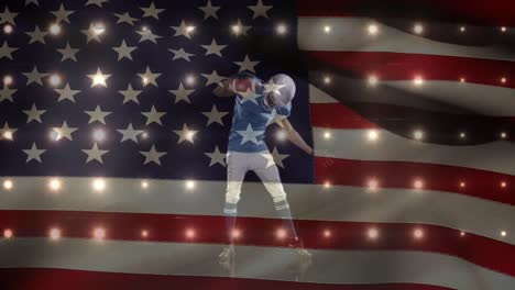 digital animation of victorious rugby player with hands raised against the american flag 4k