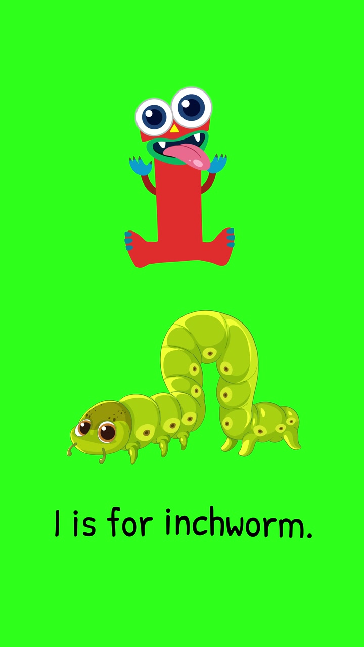 Legende animation med bogstavet I og en målerlarve på en levende grøn baggrund. Engagerende, lærerig og farverig visuel stil.
