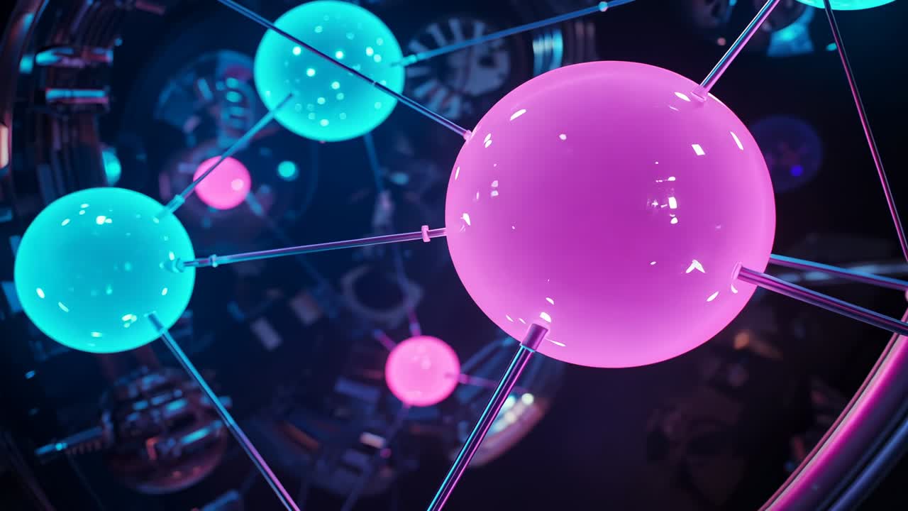 Animation starting rotating magenta sphere with cyan spheres on rods in lab, to reveal orbs