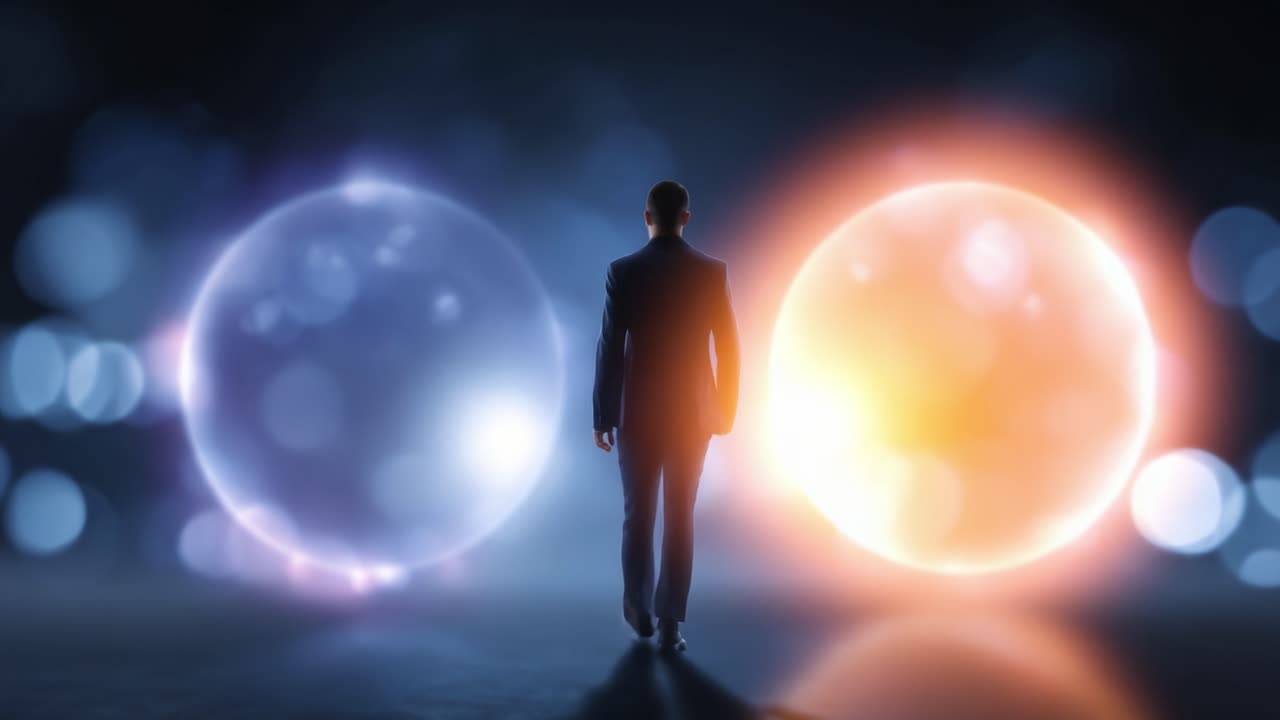 A Person in a Suited Silhouette Stands Between Two Glowing Spheres Representing Choices or Paths, Surrounded by a Dreamlike Background of Bokeh Lights