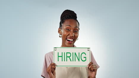 face, happy or black woman with hiring sign