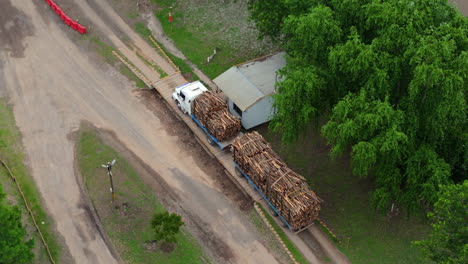 a truck halts to weigh its load of wooden logs, part of the timber transport process.