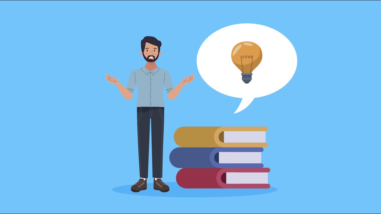 joven con libros de animación