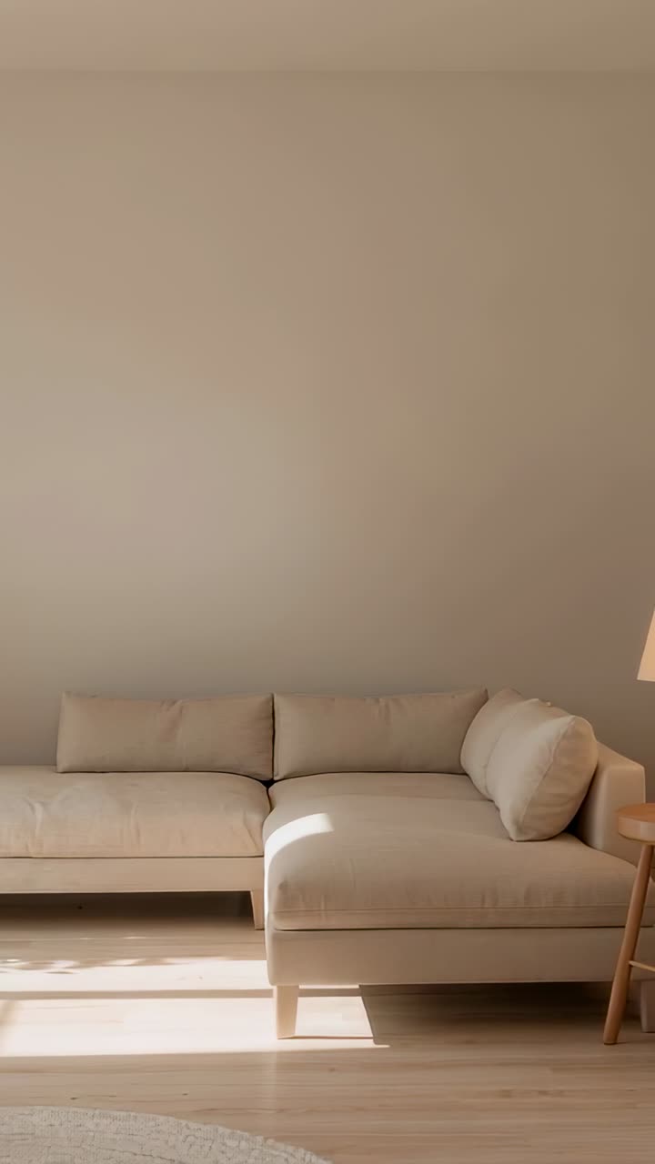 Video verticale: movimento orizzontale della camera verso destra che rivela un divano angolare con chaise longue in un soggiorno, illuminato dalla luce del sole e da una lampada