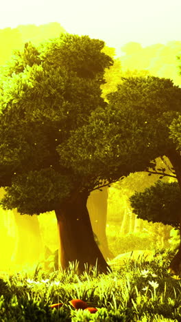 golden sunlight illuminates a vibrant forest filled with lush greenery