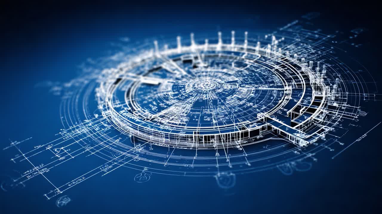 Detailed Architectural Blueprint of a Circular Structure with Technical Drawings and Graphical Elements on a Blue Background, Showcasing Precision and Design Innovation