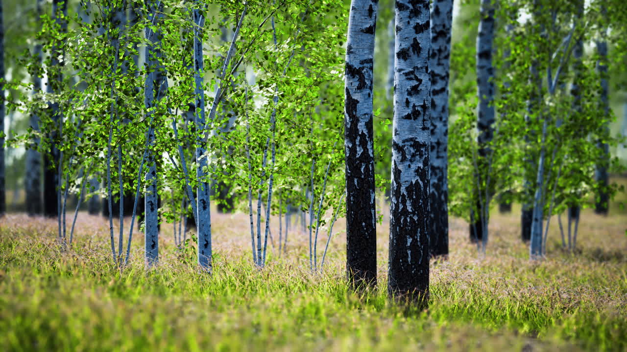 Alberi di betulla si ergono alti in una verdeggiante foresta sotto la luce brillante del sole