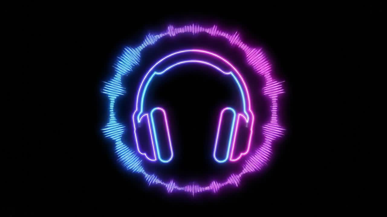 Neon Headphones with Pulsing Audio Equalizer on Black Background