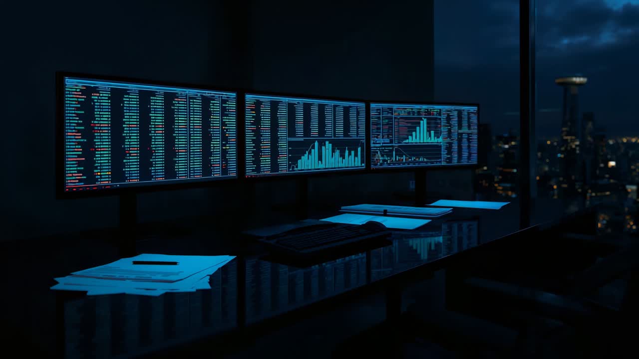 Ricezione di un flusso di dati, workstation da ufficio che mostra grafici di mercato scorrevoli di notte con carta e penna
