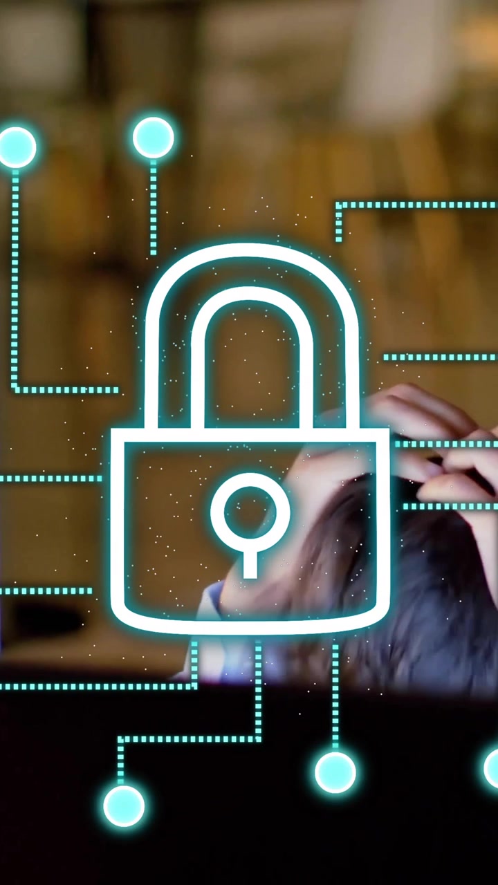 Animation of lock and cybersecurity over stressed person working in office