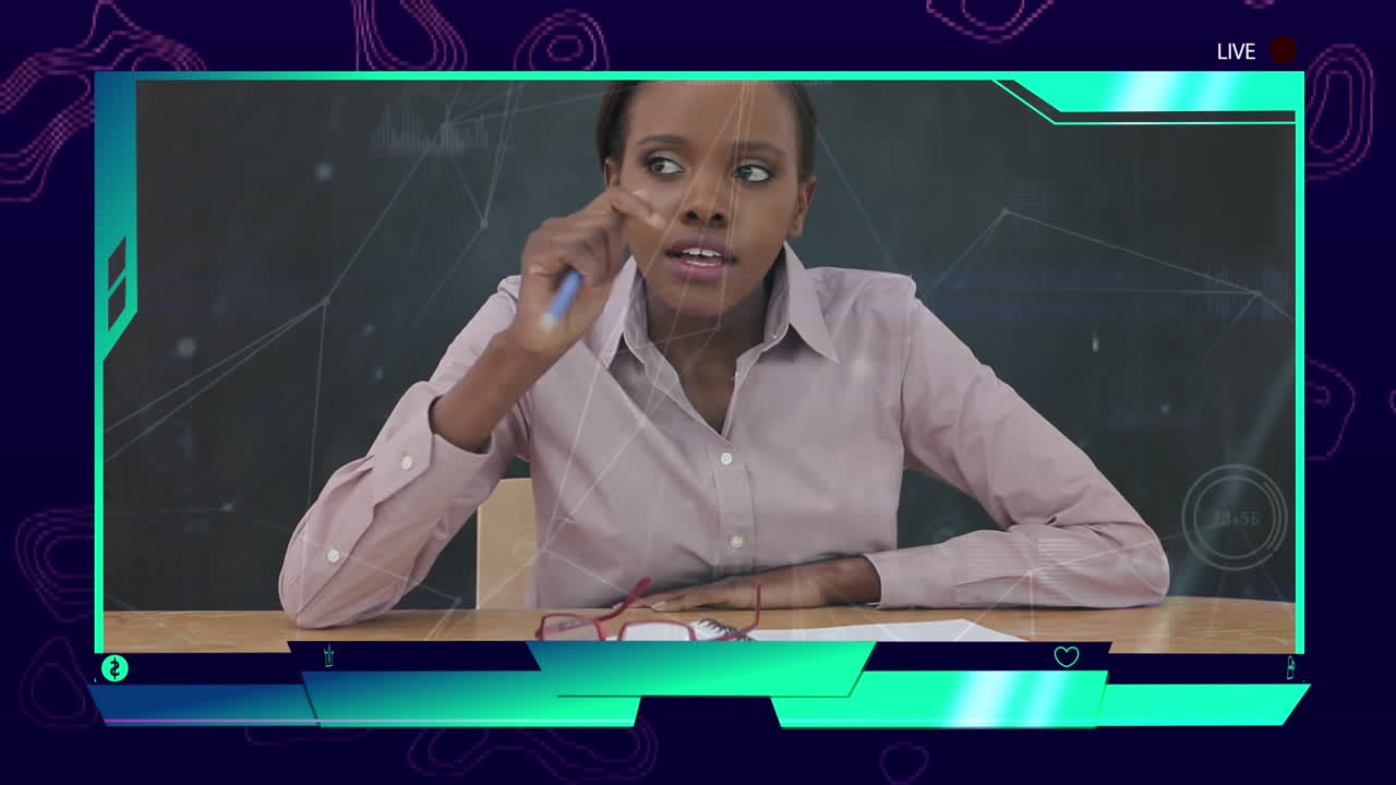 Animation of a teacher teaching an online lesson, over data processing in the background