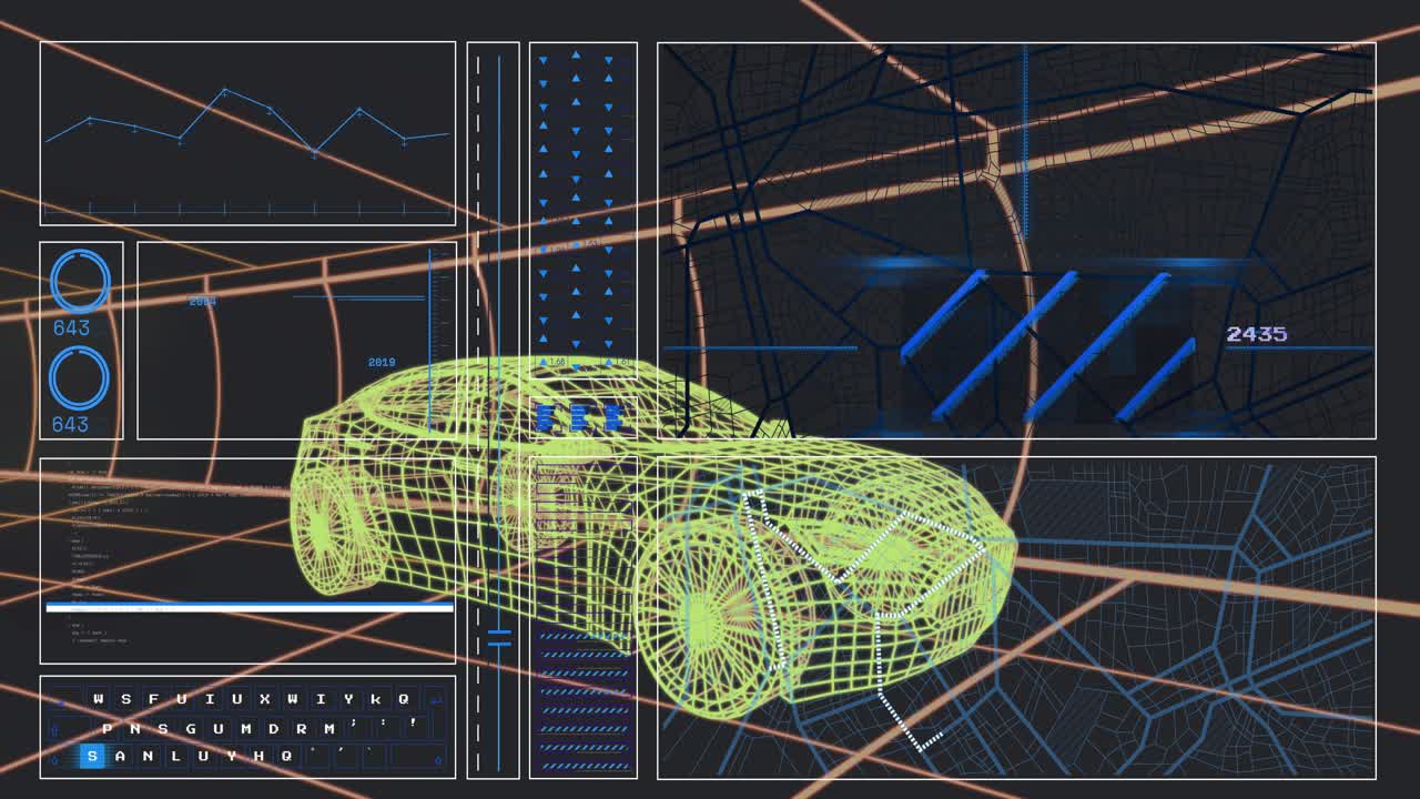 After 1 second interface panels sliding in around 3D car displaying analytics before retracting