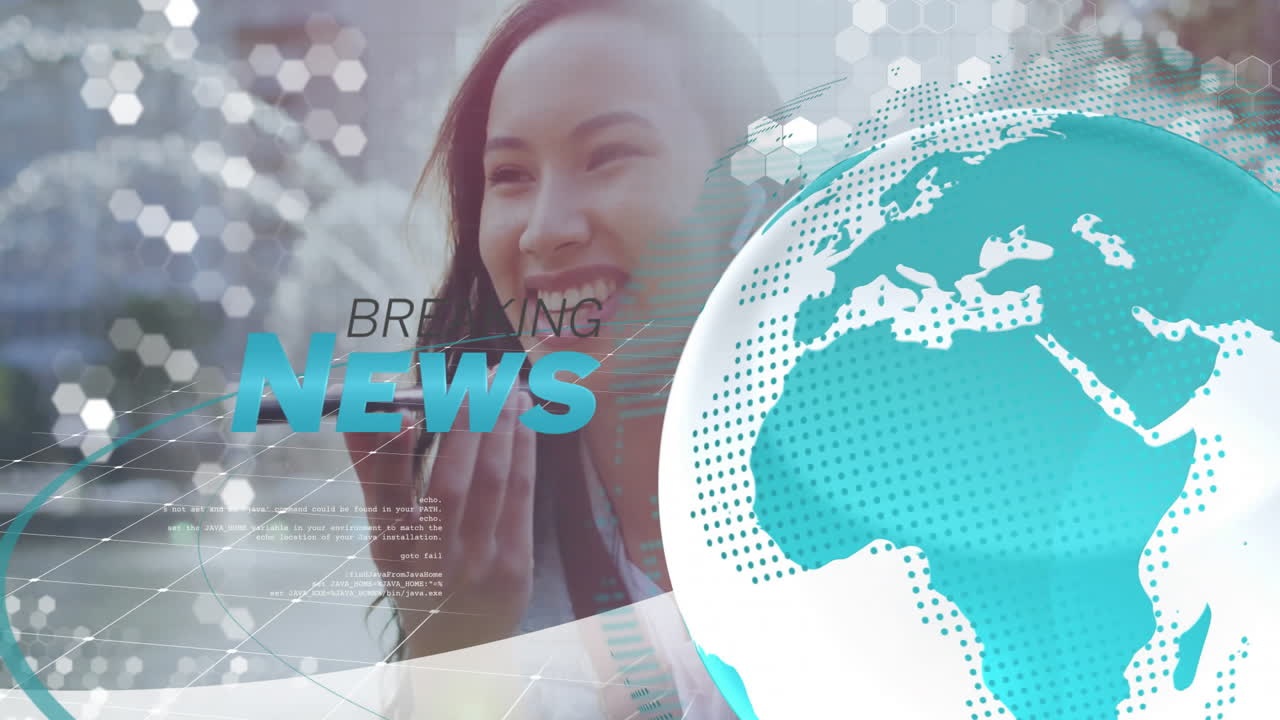 Breaking news animation over smiling woman talking on smartphone with globe graphic