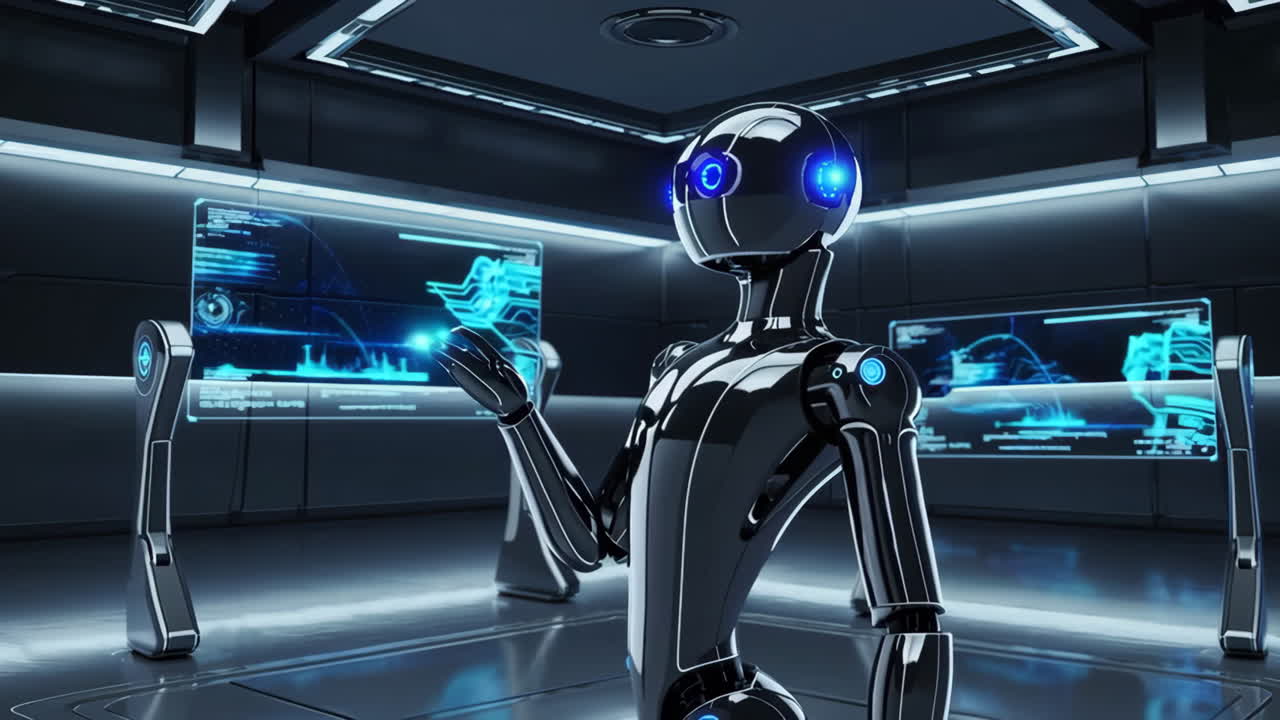 Robot interacts with holographic displays in futuristic setting