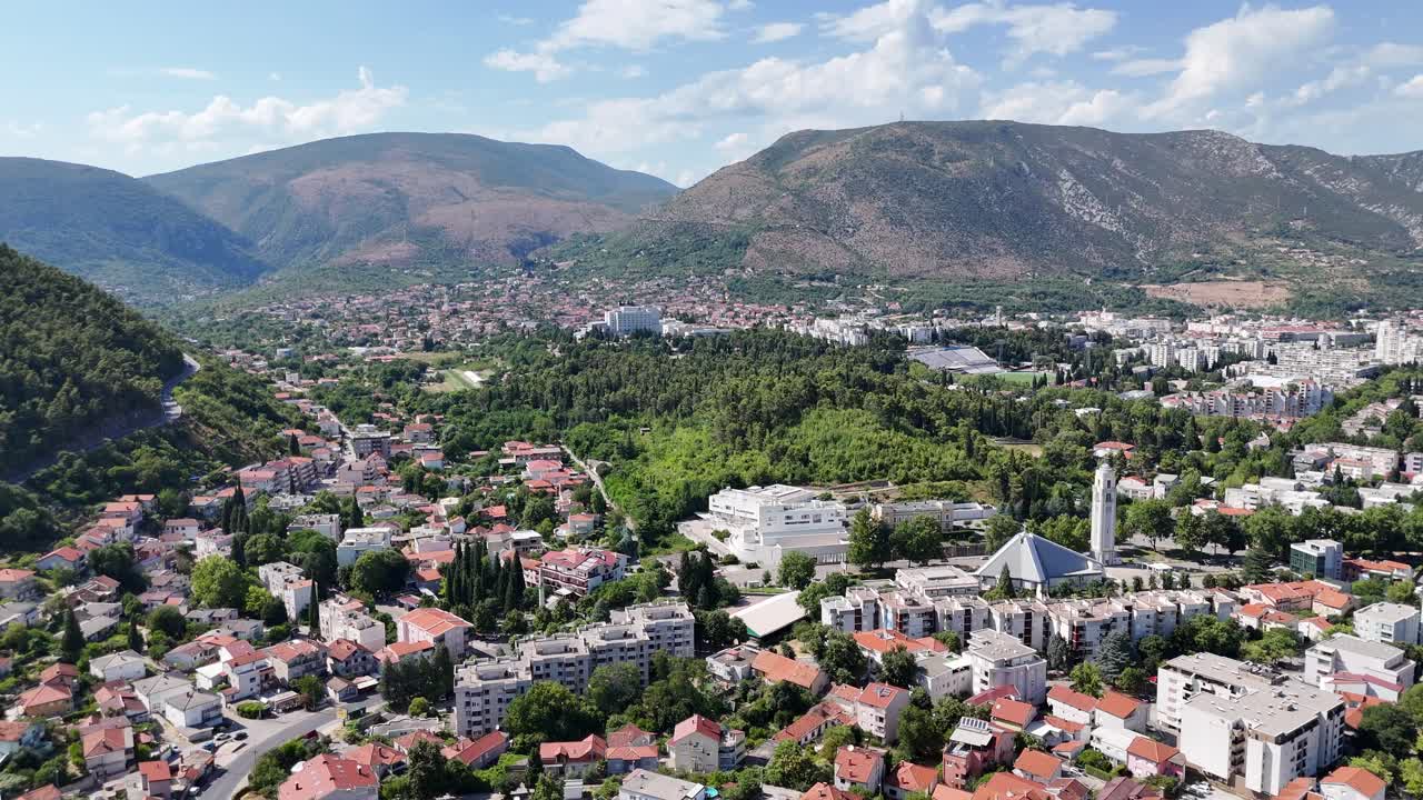 Aerial drone view of Mostar town city bosnia and herzegovina balkan country balkans old bridge Neretva River Stari Most summer july