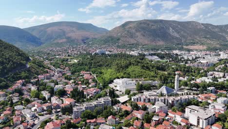 aerial drone view of mostar town city bosnia and herzegovina balkan country balkans old bridge neretva river stari most summer july