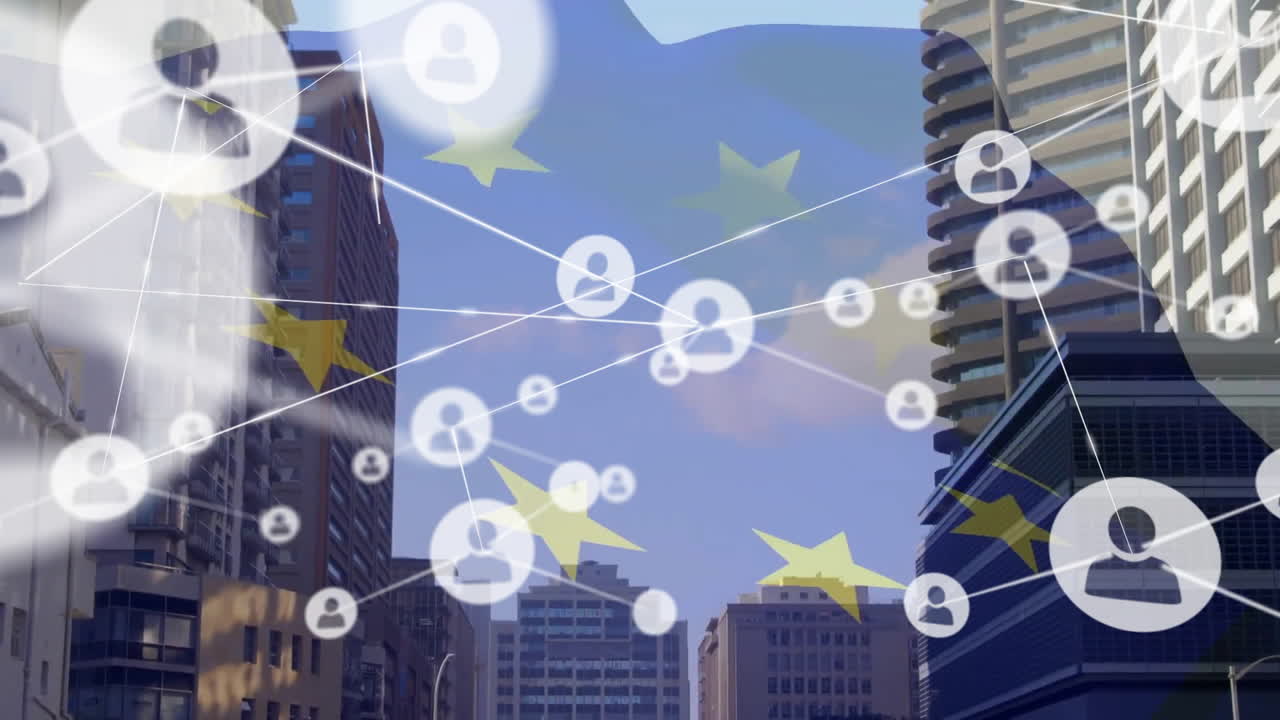 도시 풍경 위의 아이콘으로 연결된 네트워크의 애니메이션