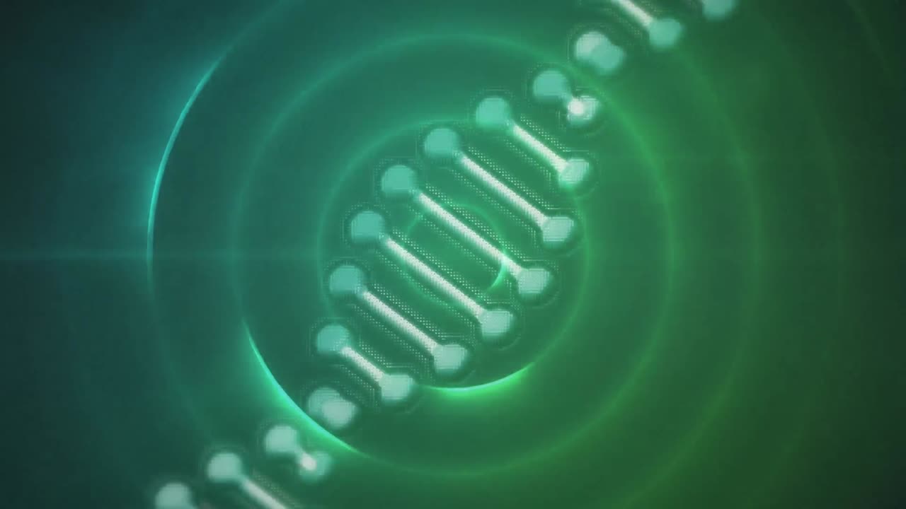 Animazione di un filamento di DNA su cerchi verdi.