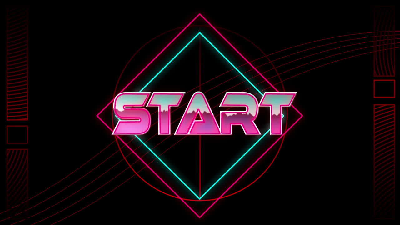 Animation of start text in pink metallic, over neon lines on black