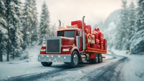 red truck delivering christmas gifts in snowy forest