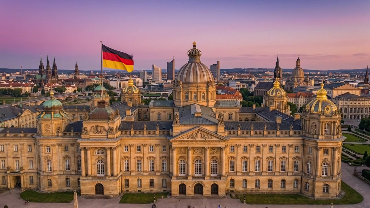 Historic Government Building With German Flag During Golden Hour City Skyline