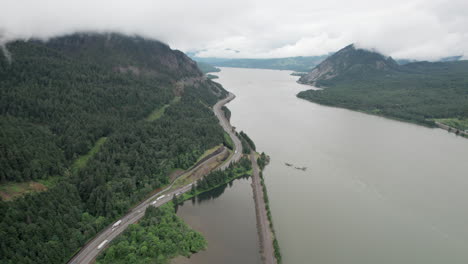 aerial view of traffic driving through columbia river gorge, washington state