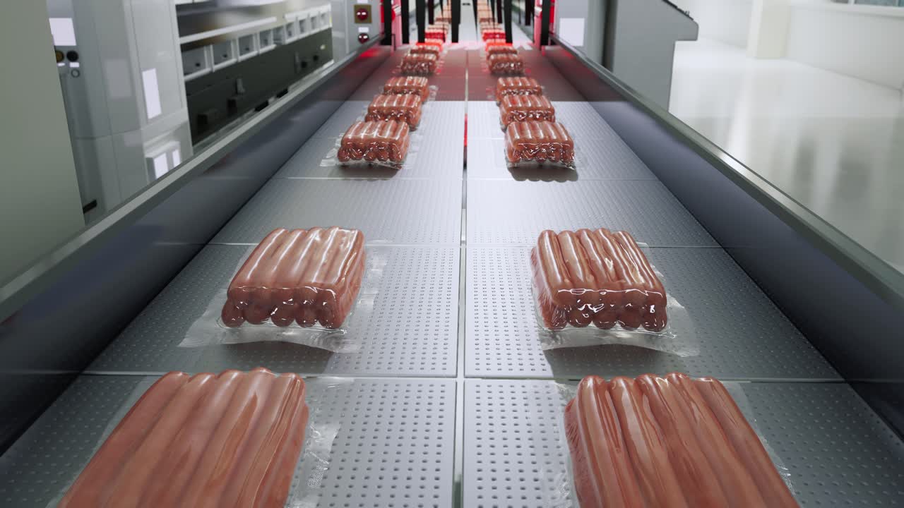 produzione di salsicce, vassoi di salsice confezionati su un nastro trasportatore in una fabbrica