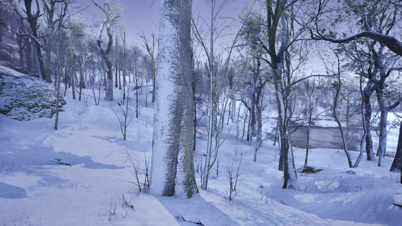 Winter wonderland landscape with snow covered trees and a serene river