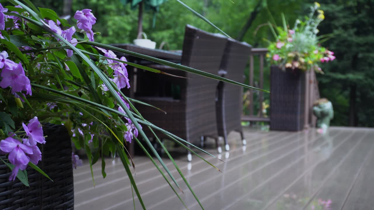 A verdant woodland lays behind a gorgeous deck, featuring wicker furniture and lush planters