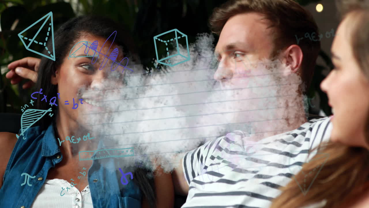 Couple sitting together with mathematical equations and shapes animation overlay