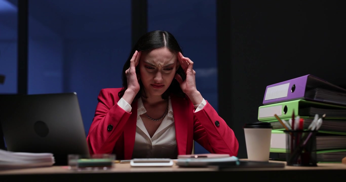 Tired woman office worker experiencing headache at workplace