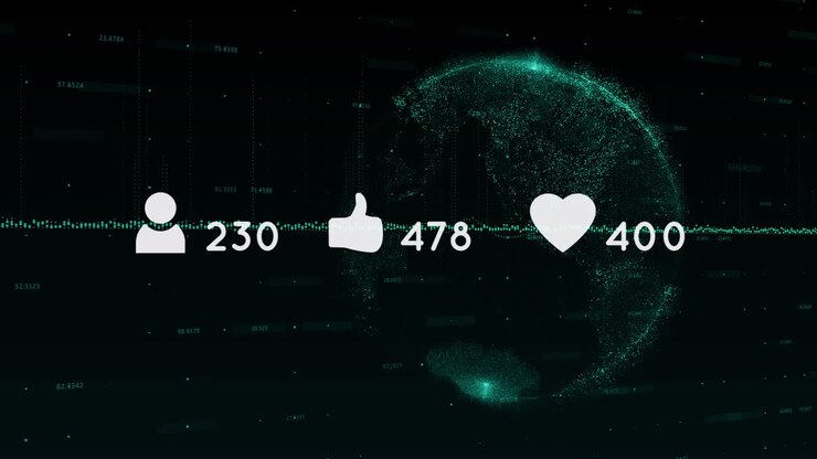 Animation af reaktioner fra sociale medier over en globus på sort baggrund